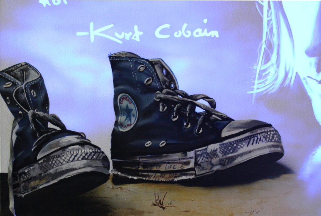 Kurt Cobain Toile 92x73cm Peinture sur toile, acrylique fluo et peinture invisible offrant une vue de jour et une vue de nuit