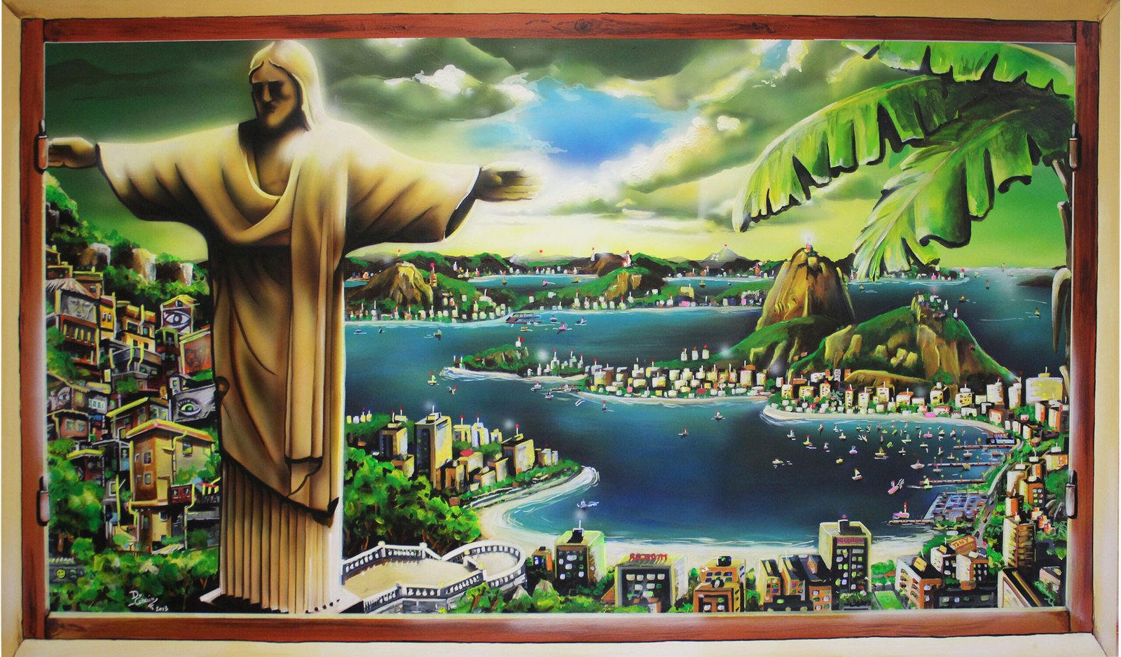 BRESIL - Toile 200x130cm - Peinture acrylique et fluo offrant une vue de jour et une vue de nuit.