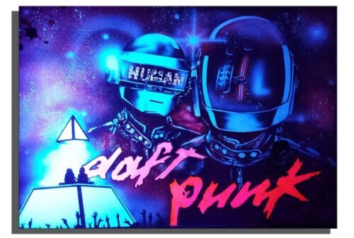 DAFT PUNK - Toile 92x73cm - Peinture sur toile, acrylique fluo et peinture invisible offrant une vue de jour et une vue de nuit.
