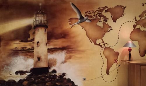 DECOR MARINE Salon thème Marine : Décor peint, imaginé et réalisé pour un particulier de Montélimar,thème Marine à voile. Réalisation de 11m x 2,4m.