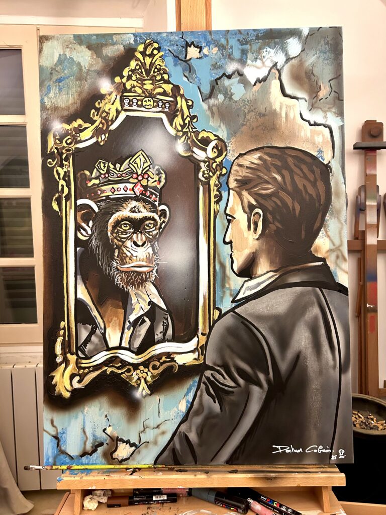 LE ROI DES PRIMATES, 2025 – Huile sur toile – 92 x 65 cm.