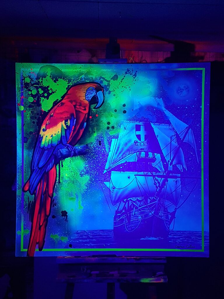 PIRATE - Toile 100x100cm - Peinture sur toile, acrylique fluo et peinture invisible offrant une vue de jour et une vue de nuit.