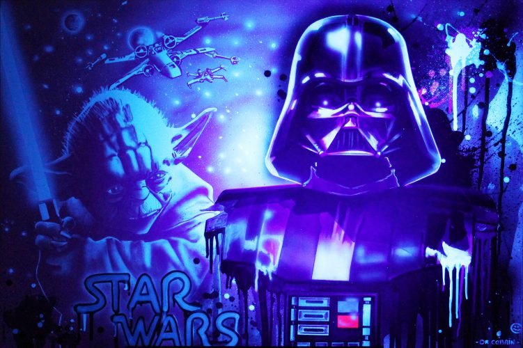 STAR WARS - Toile 116x81cm - Peinture sur toile, acrylique fluo et peinture invisible offrant une vue de jour et une vue de nuit.