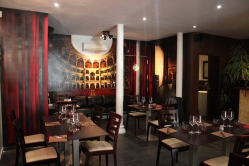 THEATRE - Décoration imaginée et réalisée autour du thème du théâtre. Décor peint en trompe l’œil d’un théâtre et de ses coulisses. Fibre optique intégrée dans la cloison afin d’éclairer les balcons.